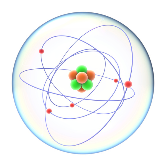 "Computer artwork of the structure of an atom. An atom consists of one or more electrons (red) which are orbiting in a shell about the tiny
